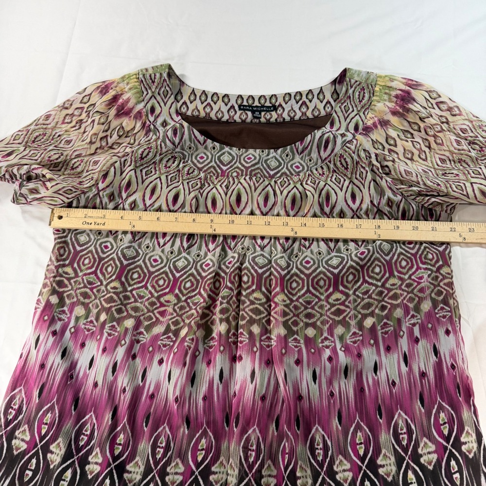 Sara Michelle Womens 2X Blouse Purple Green Geometric Ikat Print Short Sleeve - Picture 6 of 9